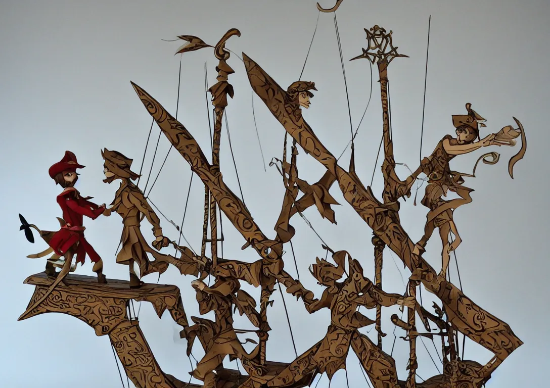 Image similar to a stylized cut paper sculpture of peter pan and captain hook sword fighting on a pirate ship