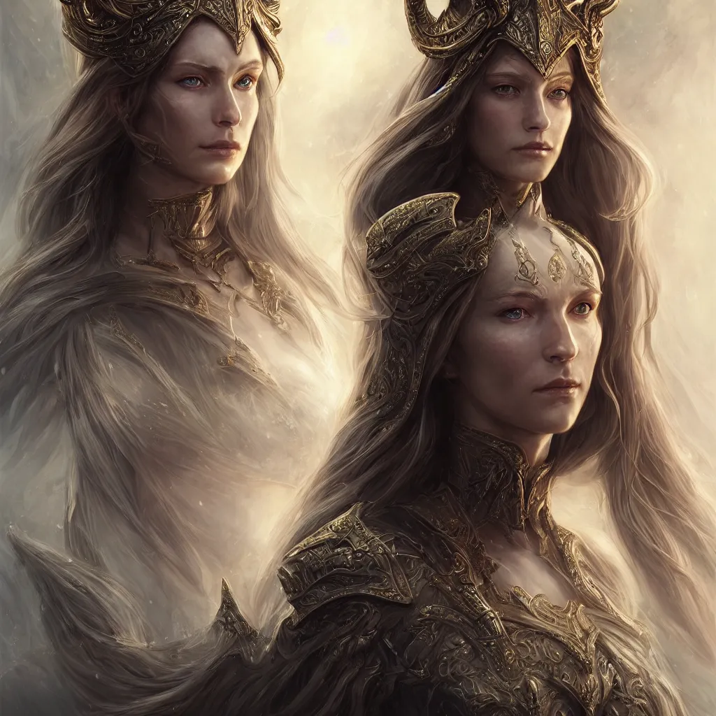 Image similar to Majestic and regal portrait of a riveting and awe inspiring female High Elf nobility, intricate, epic, elegant, menacing, fantasy, photo realistic, digital painting, hard focus, beautiful volumetric lighting, epic light, ultra detailed, by Leesha Hannigan, Ross Tran, Thierry Doizon, Kai Carpenter, Ignacio Fernández Ríos