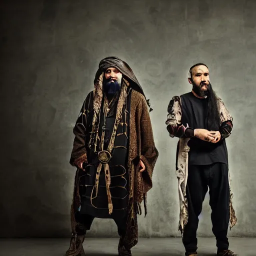 Prompt: two men stand beside one another, an alchemist and a shaman, ancient esoteric cyberpunk, studio photography, badass clothing mix of old an modern, middle eastern alchemist, siberian shaman