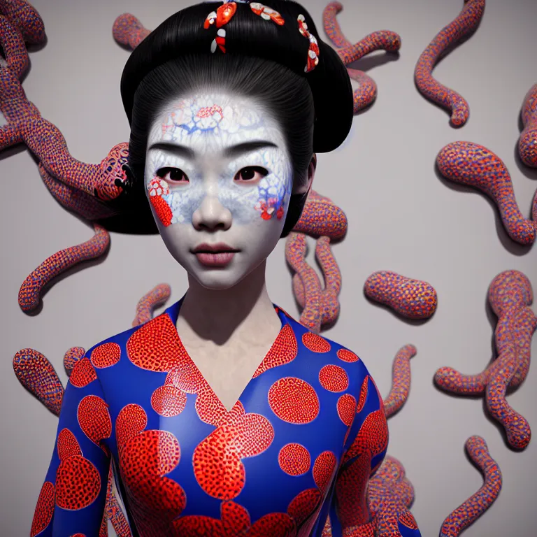 Image similar to hyperrealistic detailed image of a geisha in a art installation room, hd smooth interior by yayoi kusama, part by kei mieno, part by ross tran, dark art by james jean, ultra realistic, highly detailed, life like face, detailed body, 8 k, 3 d render by roger magrini, masterpiece