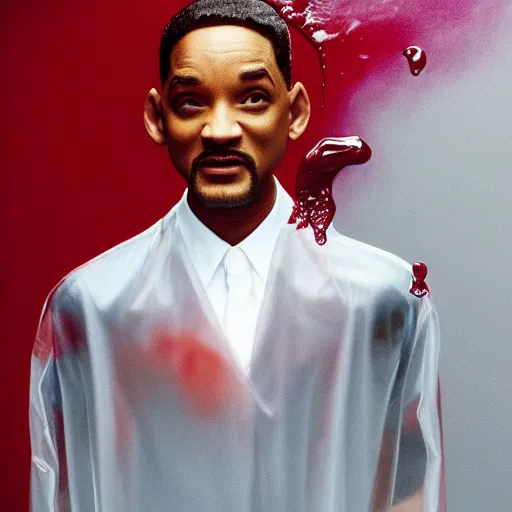 Image similar to Will Smith in American Psycho wearing a transparent raincoat with dark red splashes of paint, 4k
