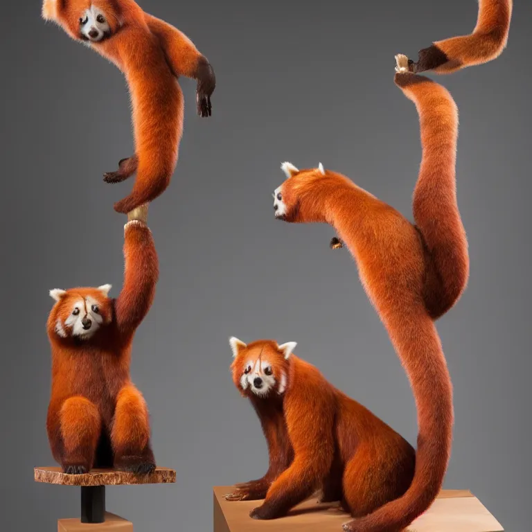 Prompt: hyperrealistic sculpture of a giant red panda fossil with some flesh attached on a pedestal by ron mueck and duane hanson and damien hirst, hyperrealistic dramatic colored lighting trending on artstation 8 k