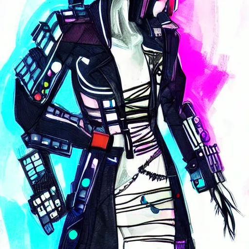 Image similar to cyberpunk outfit, fashion illustration, sketch, vivid colour, artistic, rough paper