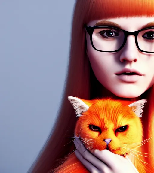 Prompt: photograph of a beautiful detailed young woman with long blonde hair and a fringe, wearing thin large round glasses, wearing dark clothing, holding a large fluffy orange cat, beautiful background, trending artstation, digital art, award winning art, aesthetic, 4K, realistic, octane render, Photograph