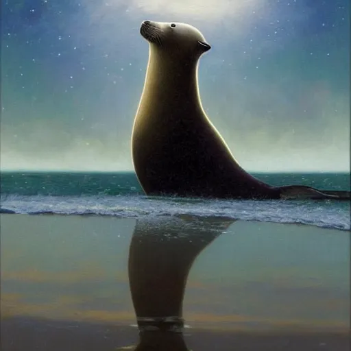 Image similar to a realistic oil painting of a selkie seal on the beach, at night with a sky full of stars, highly detailed, trending on artstation, by james gurney and michael whelan and krenz cushart and alphonse mucha