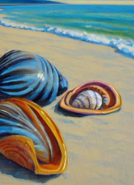 Prompt: she sells sea shells by the sea shore; painting by John foster.