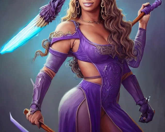 Prompt: beyonce as a wizard, purple streaks in hair, bat hovering on her shoulder, blue clothing, holding a staff, deep focus, d & d, fantasy, intricate, elegant, highly detailed, digital painting, artstation, concept art, matte, sharp, illustration, hearthstone, art by artgerm and greg rutkowski and alphonse mucha