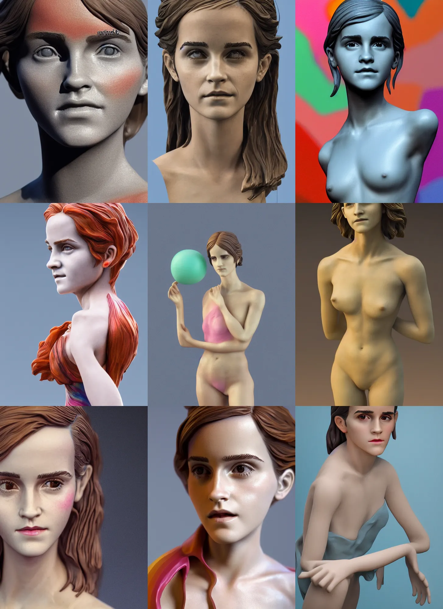 Prompt: 3D resin miniature sculpture of Emma Watson by Jean-Baptiste Carpeaux and Luo Li Rong, beautiful body and face, colorful, fresh colors, full length shot, elegant, academic art, realistic, 8K, Product Introduction Photo, Hyperrealism. Subsurface scattering, raytracing, Octane Render, Redshift, Zbrush, simple background