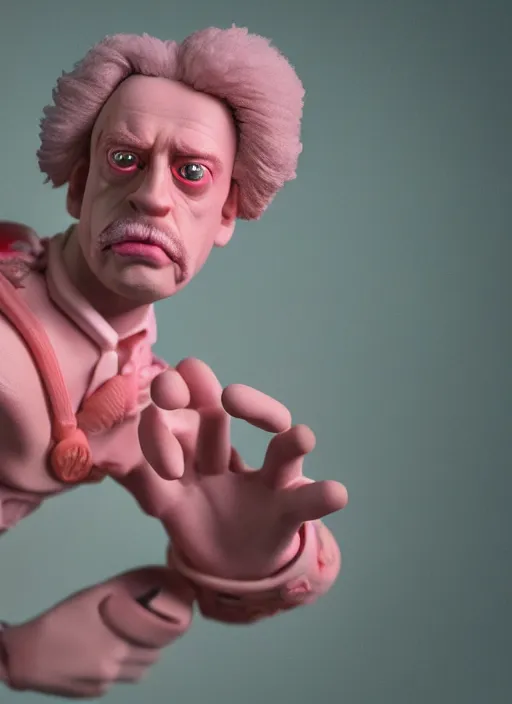 Image similar to product photography of a claymation action figure fluffy neon oled steve buscemi, depth of field, zeiss lens, detailed, centered, by erwin olaf, joop geesink, wes anderson, breathtaking, 8 k resolution, extremely detailed, beautiful, establishing shot, realistic materials, hyperrealistic