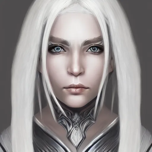 Prompt: portrait of a female half - elf with white skin, white hair, white eyes without pupils, short wavy hair, gray spots on cheeks, trending on artstation, ethereal, gentle smile