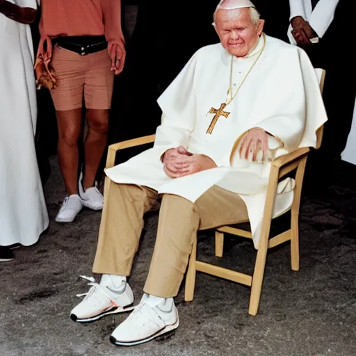 Image similar to john paul ii holding a yeezy sneaker, admiring it