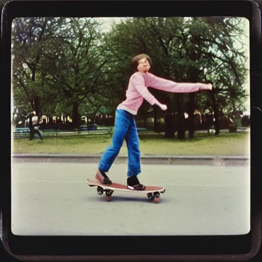 Prompt: Anna Akhmatova skateboarding, 90s polaroid, by Saul Leiter, Jamel Shabazz, Nan Goldin