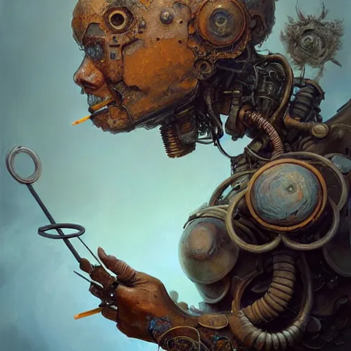 Prompt: a beautiful detailed 3 d matte portrait of a robot with a lollipop, by ellen jewett, by tomasz alen kopera, by justin gerard, ominous, magical realism, texture, intricate, whirling smoke, radiant colors, fantasy, volumetric lighting, high details