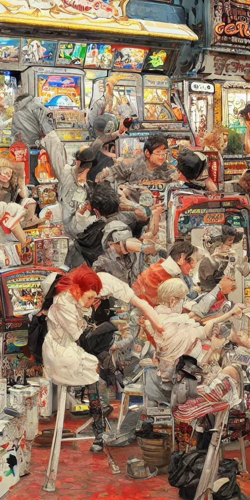 Image similar to oil painting scene from amusement arcade by kim jung gi