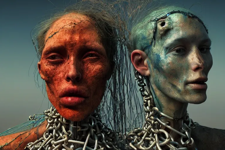 Image similar to 35mm color, humans enslaved, chained together, artificial intelligence, portrait, fashion shoot, weird, random, strange, hyperdetailed, photorealistic, interesting, by David la chapelle and karol bak and david cronenberg and WETA digital, Dariusz Zawadzki , ID magazine, octane rendering, cinematic, hyperrealism, octane rendering, 8k, depth of field, bokeh.