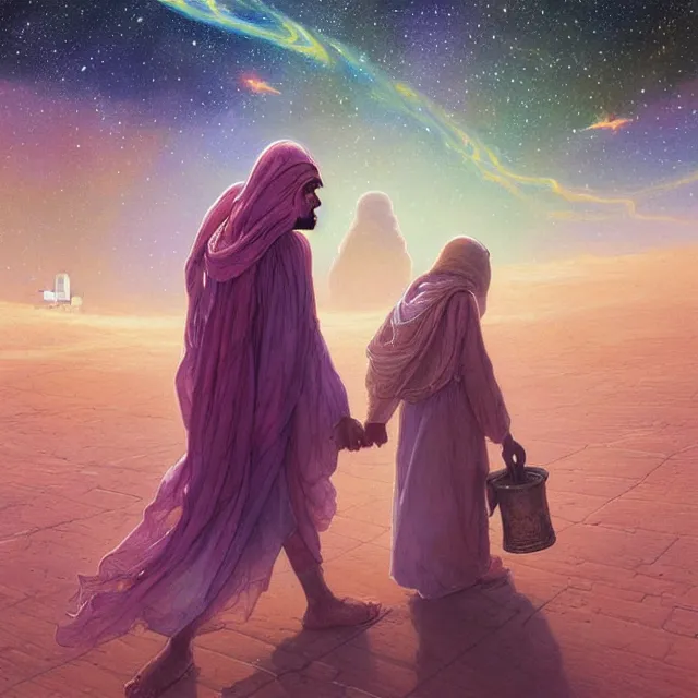 Image similar to bedouin man and woman and child in galaxy walking towards mosque surrounded by nebula, highly detailed, gold filigree, romantic storybook fantasy, soft cinematic lighting, award, disney concept art watercolor illustration by mandy jurgens and alphonse mucha and alena aenami, pastel color palette, featured on artstation