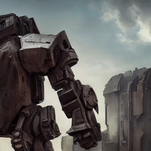 Image similar to giant behemoth mech suit standing over a ruined city, matte painting, digital art, award-winng art, trending on artstation, intense, dramatic, emotional, 8k