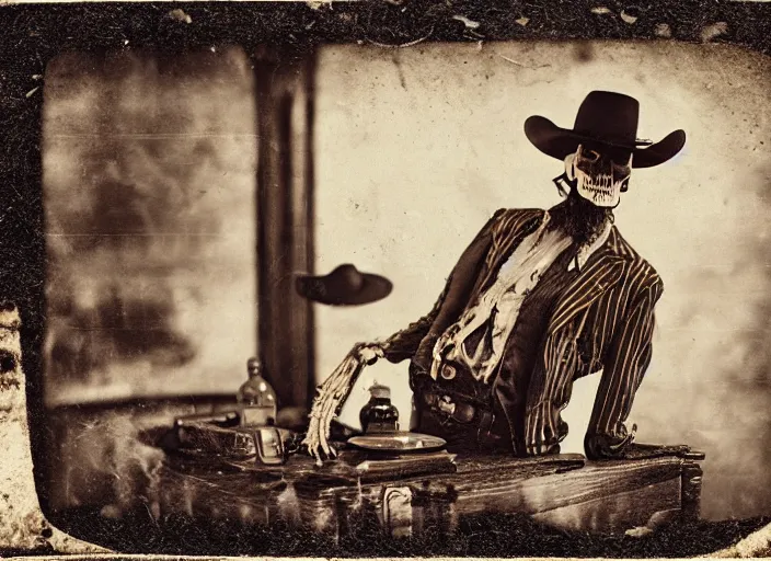 Prompt: tintype photograph of an renegade skeleton cowboy outlaw at a busy saloon in the old west, alcohol, old player piano, wide angle, volumetric lighting, cinematic, bokeh