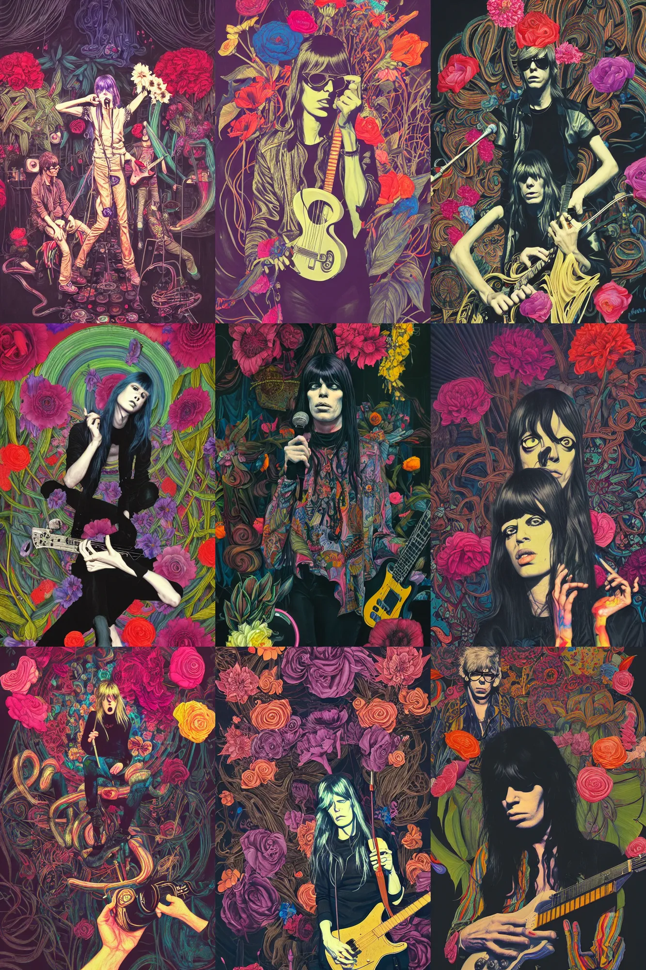 Prompt: the velvet underground and nico playing live on stage at a night club, beautiful stage decoration with flowers in the background, painting by james jean, very detailed and colorful and ornamental and moody and relaxed and tasteful and laid back and relaxed and cool and high on drugs, trending on artstation, behance contest winner