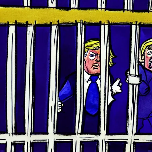 Image similar to a color ink drawing of donald trump with derp eyes being behind bars wearing a stripped pijama