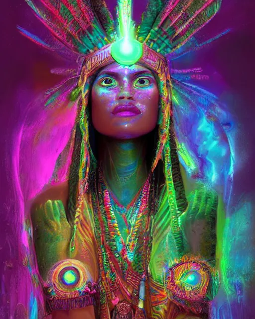 Prompt: a powerful energy psychedelic matrix indian woman, by alexander fedosav, hyper detailed digital matte painting, concept art, hyperrealism, 1 6 k resolution, cinema 4 d, 8 k resolution, trending on artstation, behance hd, a masterpiece, by stephan martiniere, particles, cel - shaded, power bright neon energy, by david a. hardy,