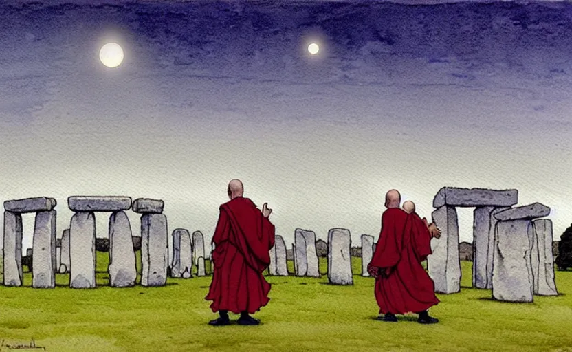 Image similar to a hyperrealist watercolour character concept art portrait of small grey medieval monks with floating stones in the air in front of a complete stonehenge monument on a misty night. a ufo is in the sky. by rebecca guay, michael kaluta, charles vess and jean moebius giraud