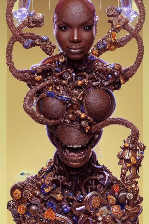 Image similar to candy planet, humanoid chocolate monster, intricate, elegant, highly detailed, centered, digital painting, artstation, concept art, smooth, sharp focus, illustration, art by artgerm and donato giancola and Joseph Christian Leyendecker, WLOP