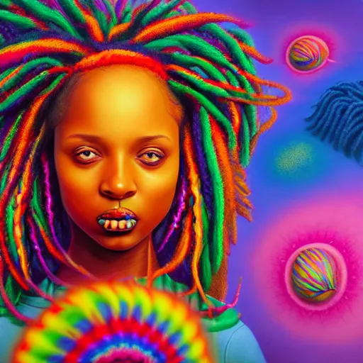 Image similar to a wide angle shot of a black girl with colorful dreadlocks in a field of candy, by Adi granov and afarin sajedi and amanda sage and evgeni gordiets and Agostino Arrivabene and adonna khare in a psychedelic portrait style, ultrarealistic matte painting, volumetric lighting, fractal, extremely symmetrical, highly detailed face, orisha, 8k, hd