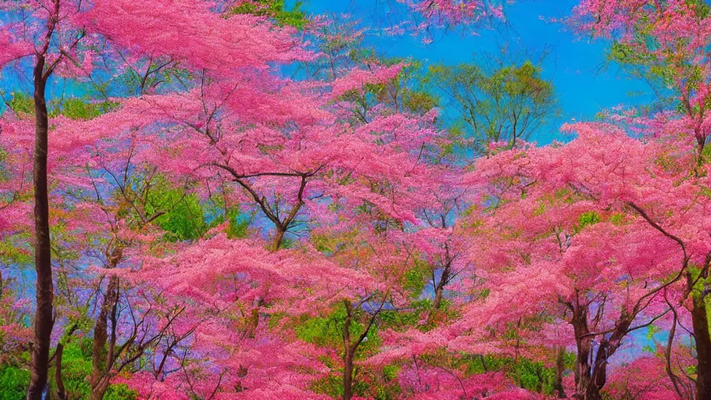 Prompt: an artwork of a landscape of a sakura forest, multicolored