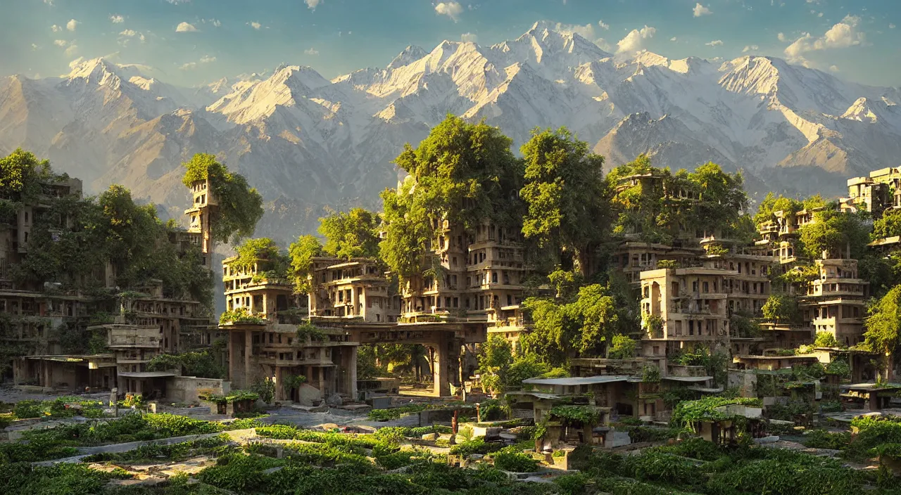 Prompt: retrofutristic city under kashmir mountains, khanqah - e - muala, little wood bridge, painting of tower ivy plant in marble late afternoon light, wispy clouds in a blue sky, by frank lloyd wright and greg rutkowski and ruan jia