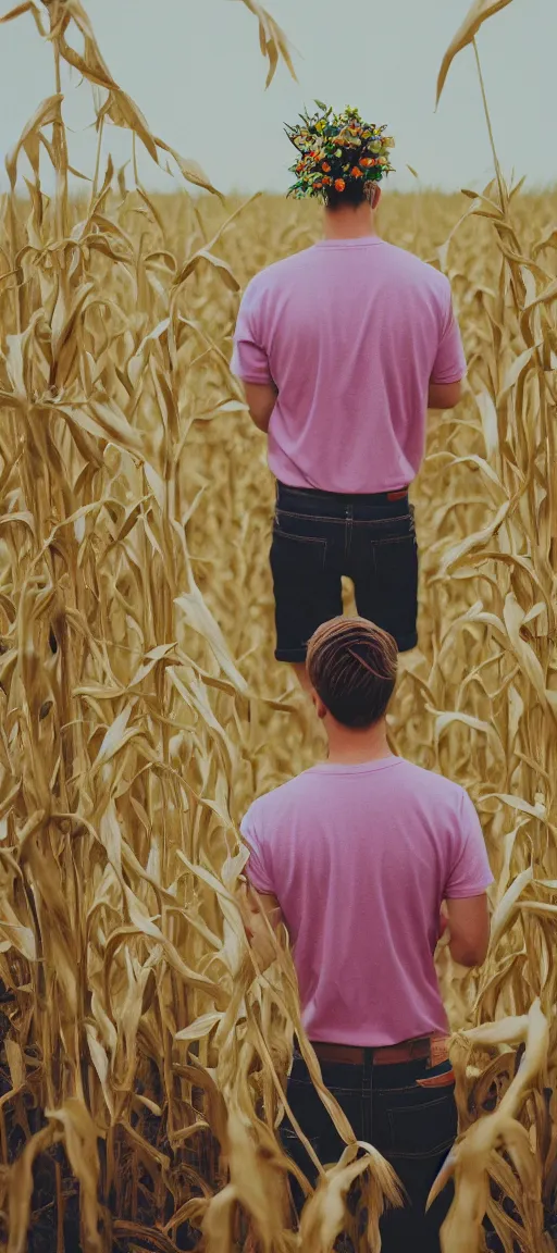 Image similar to agfa vista 4 0 0 photograph of a skinny blonde guy standing in a cornfield, flower crown, back view, grain, moody lighting, telephoto, 9 0 s vibe, blurry background, vaporwave colors!, faded!,