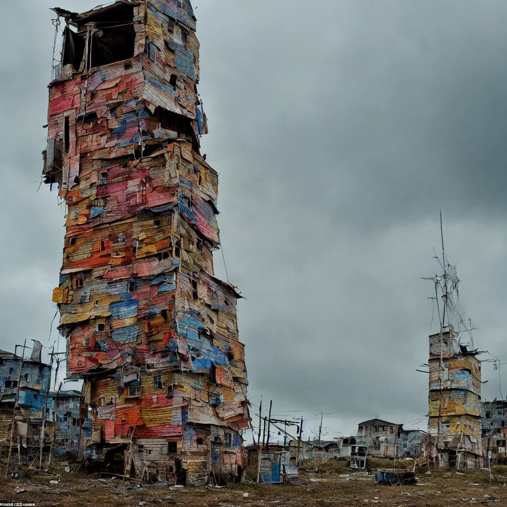 Image similar to close - up view of a tower made up of colourful makeshift squatter shacks with bleached colours, moody cloudy sky, dystopia, mamiya, fully frontal view, very detailed, photographed by bruno barbey