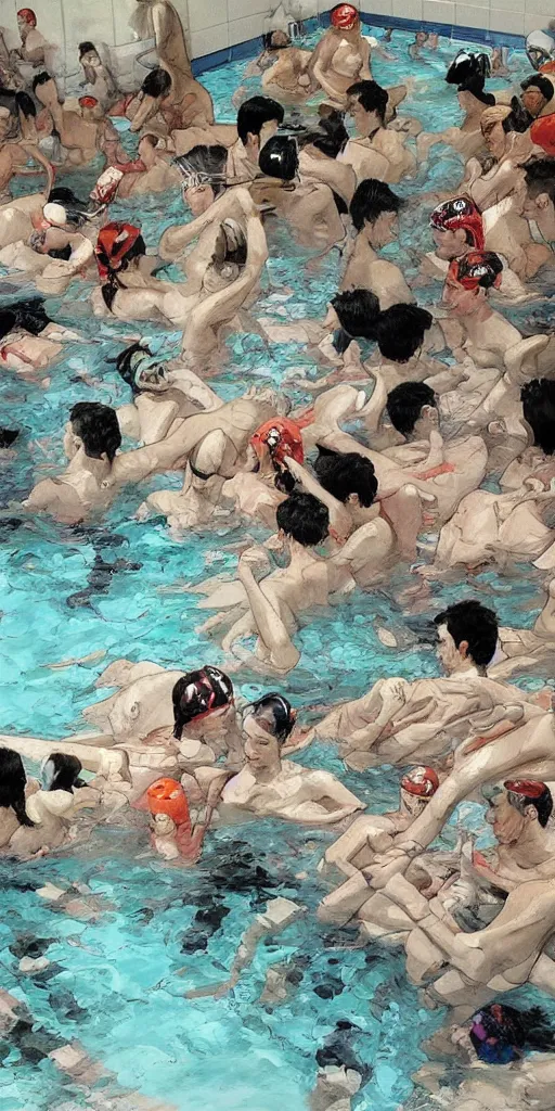 Image similar to oil painting scene from swimming pool by kim jung gi