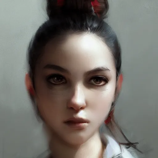 Image similar to a cute girl by ruan jia, closeup headshot, black ponytail, movie style.