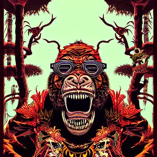 Prompt: barong family member with ray - ban sunglasses, wiwek, mara demon, one single tribe member, jungle, one single mask, dark, gorilla, lizard, tiger, tribal, inner glow, art by takato yamamoto and dan mumford and justin gerard