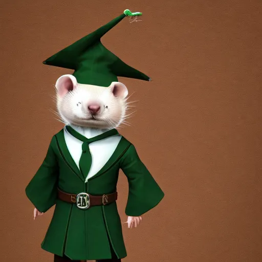 Image similar to a anthropomorphic ferret is dressed as a hogwarts student in slytherin robes, hyperdetailed, artstation, cgsociety, 8 k