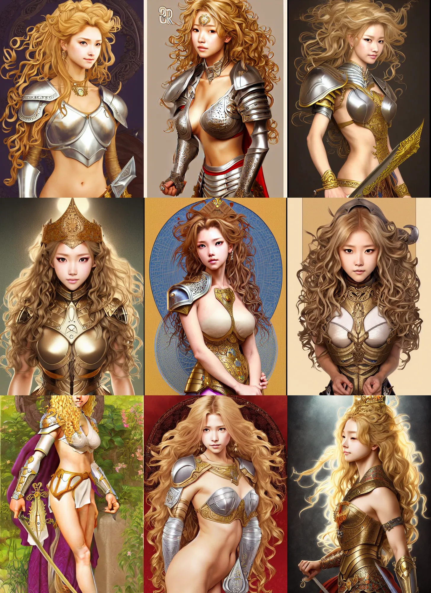 Prompt: complex 3 d hyper realistic smooth ultra sharp render of a gorgeous princess paladin woman | tanned skin, curly blonde hair | d & d, medieval, fantasy | art by oh jinwook + 吵 集 仁 儿 on artstaion + takeshi obata + alphonse mucha