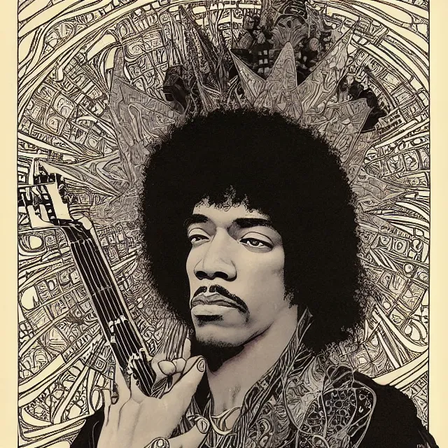 Prompt: artwork by Franklin Booth and Edmund Dulac showing a portrait of Jimi Hendrix as a futuristic space shaman, Alphonse Mucha background, futuristic electric guitar, star map, smoke, platonic solids