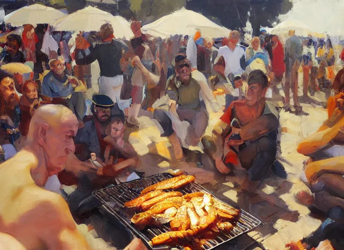 Image similar to a highly detailed beautiful portrait of a bibi nethanyahu protesting against eating animals while people doing bbq, by gregory manchess, james gurney, james jean