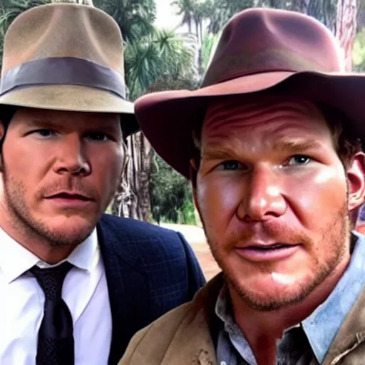 Image similar to chris pratt as indiana jones taking a selfie with an older harrison ford, instagram, cinematic