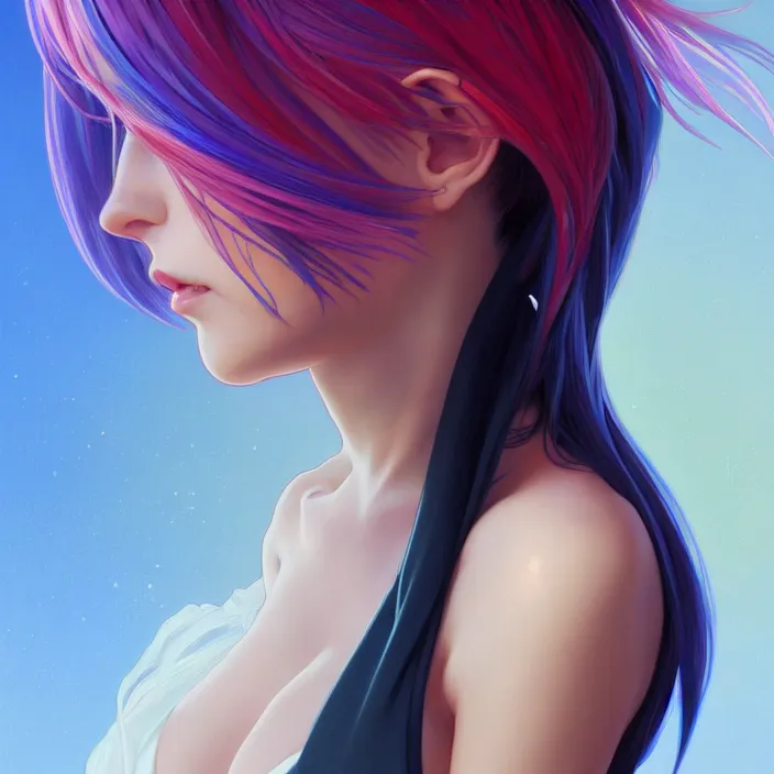 Image similar to full body portrait, a beautiful symmetrical gorgeous anime girl, rainbow hair, attractive, casual, modern, victoria's secret, highly detailed, digital painting, artstation, concept art, smooth, sharp focus, illustration, art by artgerm, greg rutkowski and alphonse mucha, 8 k,