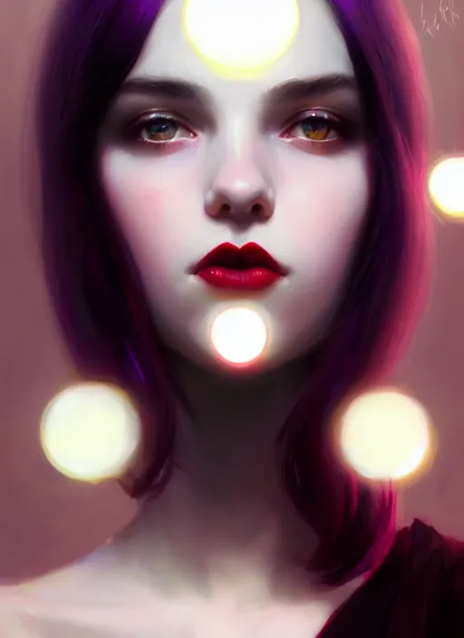 Image similar to portrait of pale teenage girl, red irises, black hair, white bangs, purple lipstick, intricate, elegant, glowing lights, highly detailed, digital painting, artstation, concept art, smooth, sharp focus, illustration, art by wlop, mars ravelo and greg rutkowski