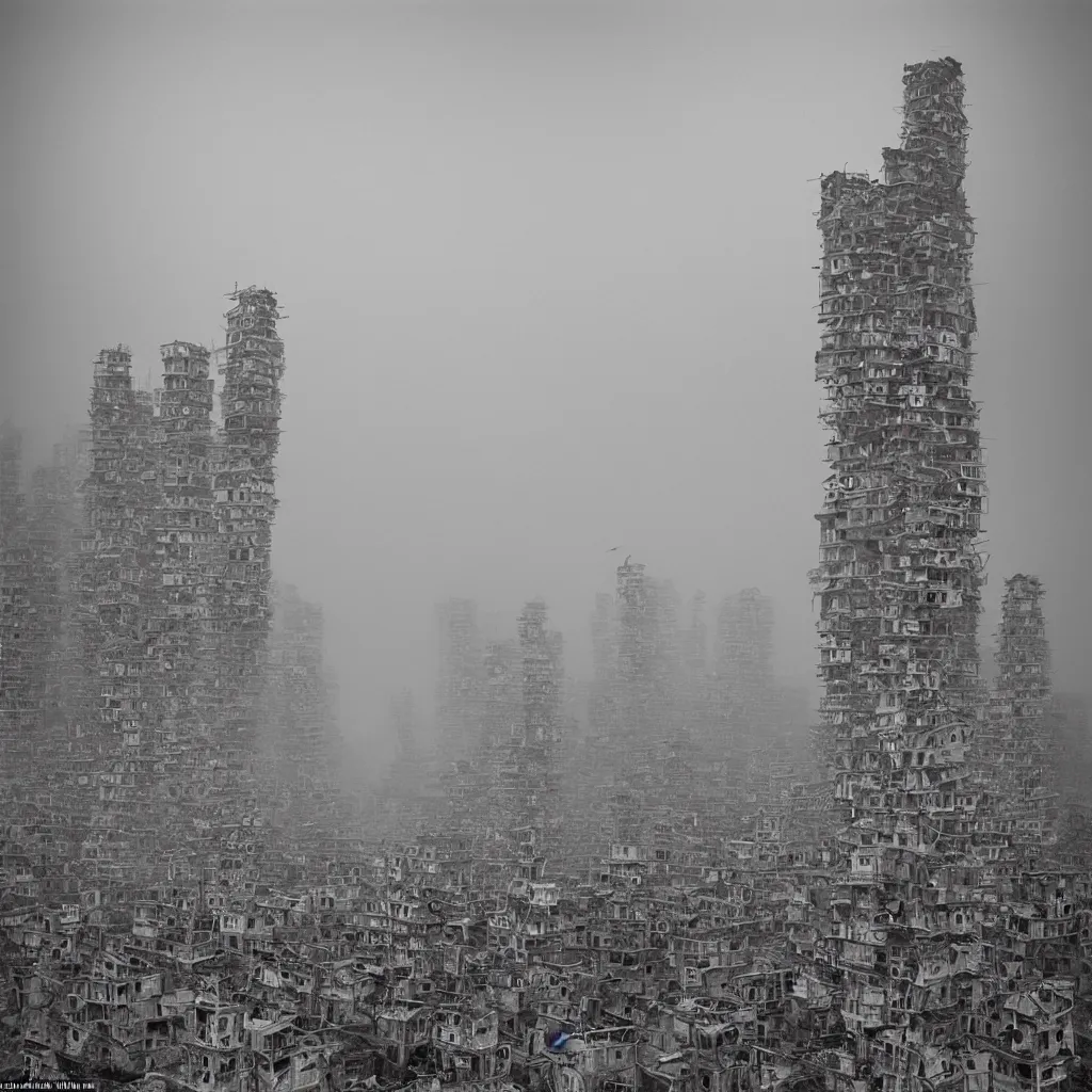 Prompt: towers made up of stacked makeshift squatter shacks with faded colours suspended over a quagmire, plain uniform sky at the back, misty, mamiya, ultra sharp, very detailed, photographed by alejandro jodorowsky