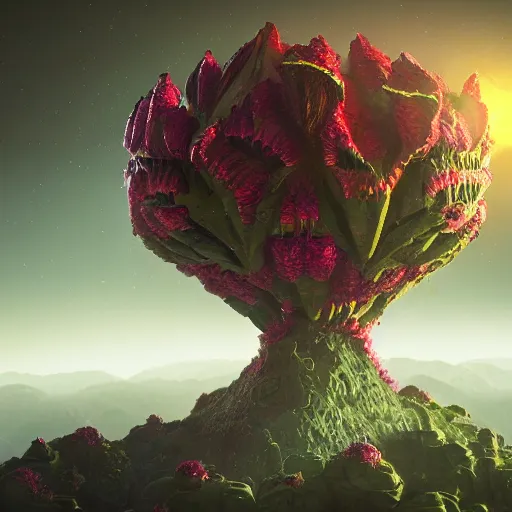 Image similar to an epic flowering alien landscape in the style of origami, 8 k, cinematic light, artstation