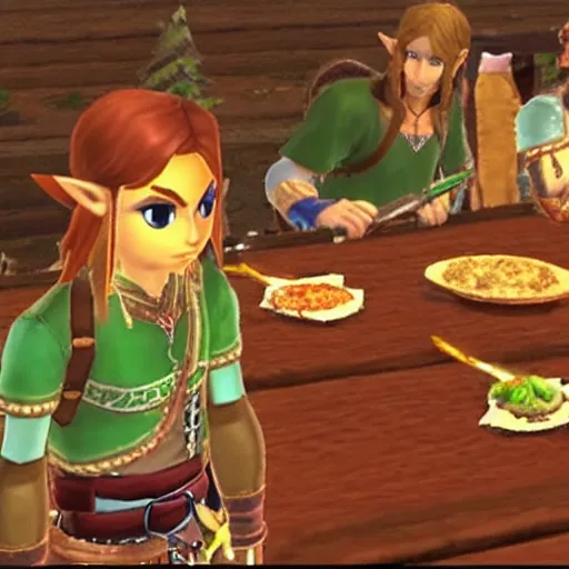 Prompt: [ [ [ [ [ zelda ] ] ] ] ] cdi king of hyrule eating dinner