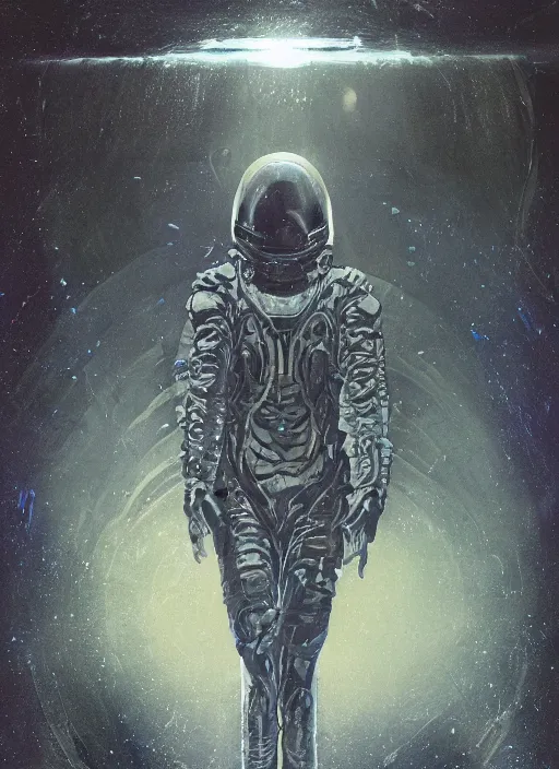 Image similar to astronauts in dark and empty void underwater - complex and hyperdetailed suit. reflection and dispersion materials. rays and dispersion of light. volumetric light. 5 0 mm, f / 3 2. noise film photo. flash photography. ultra realistic, wide angle. poster by wayne barlowe, hajime sorayama aaron horkey, craig mullins. dark key.