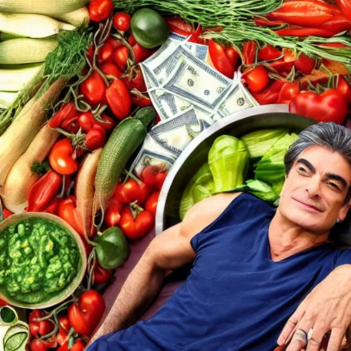 Prompt: mehmet oz lying down in oversized dish of vegetables and salsa and chips, and stacks of money