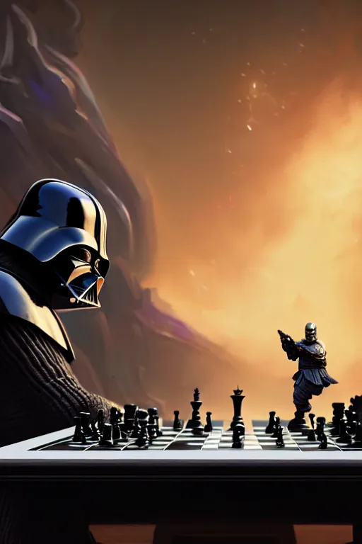 Prompt: darth vader playing chess against thanos on a marble table, extremely detailed digital painting, in the style of fenghua zhong and ruan jia and jeremy lipking and peter mohrbacher, mystical colors, rim light, beautiful lighting, 8 k, stunning scene, raytracing, octane, trending on artstation