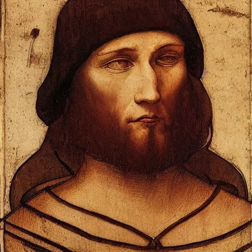 Image similar to Portrait of a medieval nobleman, tan skin and brown hair, clean shaven, big nosed with many scars. by leonardo da vinci