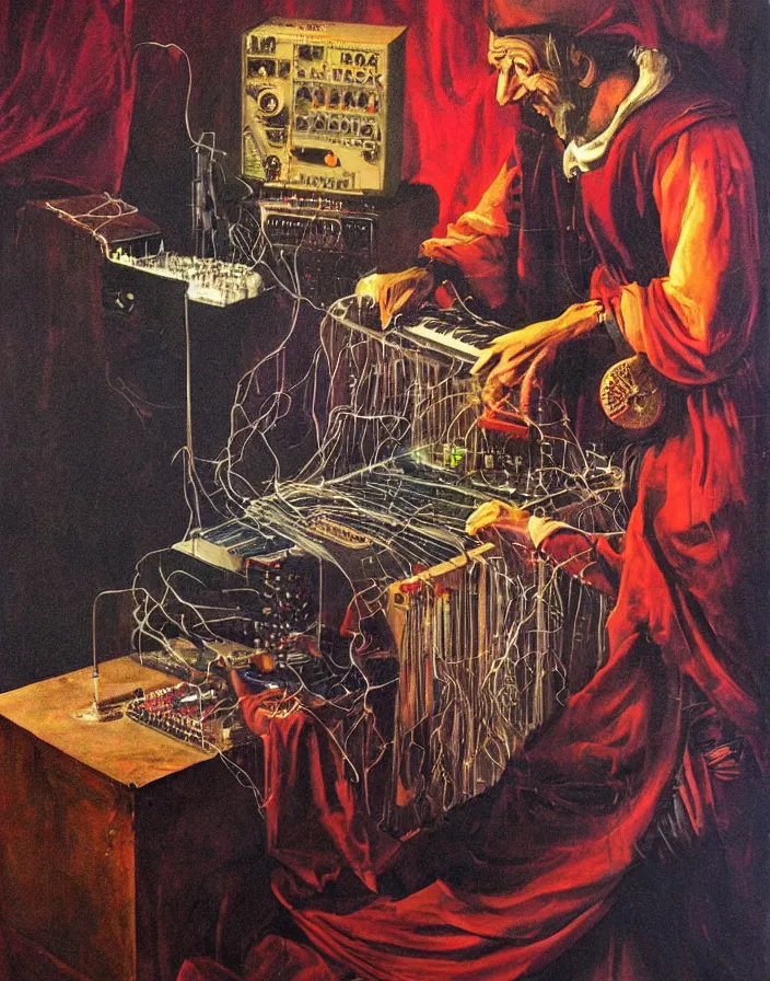 Prompt: chiaroscuro air brush fantasy painting of a medieval court jester playing an ARP 2600 modular synthesizer powered by a tesla coil